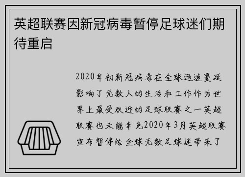 英超联赛因新冠病毒暂停足球迷们期待重启