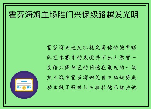 霍芬海姆主场胜门兴保级路越发光明