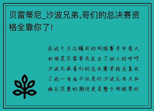 贝雷蒂尼_沙波兄弟,哥们的总决赛资格全靠你了!