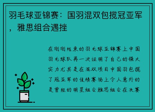 羽毛球亚锦赛：国羽混双包揽冠亚军，雅思组合遇挫